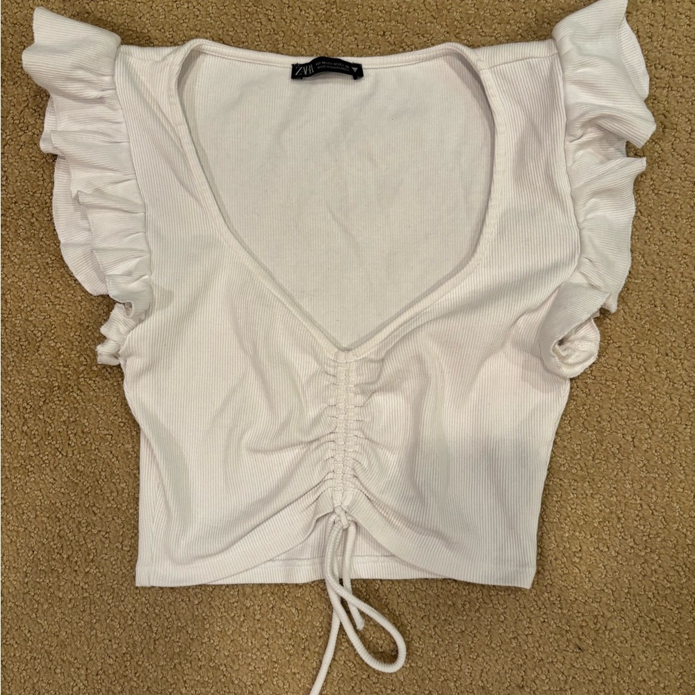 Zara White Flutter Sleeve Crop Top